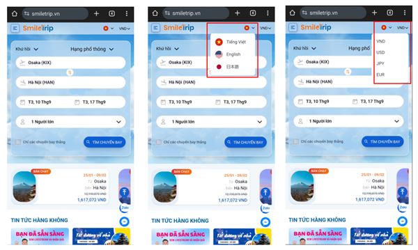Lựa chọn ngôn ngữ và loại tiền tệ