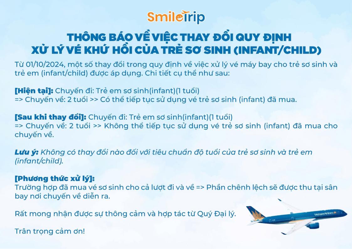 Vietnam Airlines Thông báo về việc thay đổi quy định xử lý vé khứ hồi của trẻ sơ sinh và trẻ em