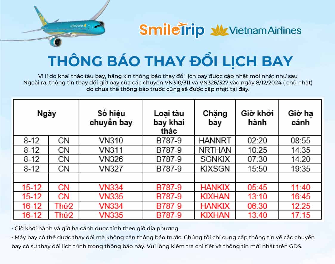 Chi tiết thay đổi lịch bay Vietnam Airlines
