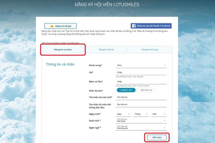 Điền thông tin cá nhân để đăng ký Bông Sen Vàng