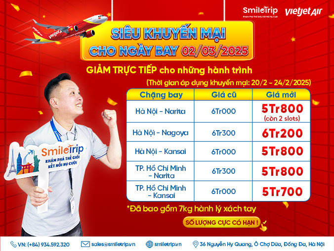 SmileTrip giảm trực tiếp cho hành trình bay Việt - Nhật ngày 02/03/2025
