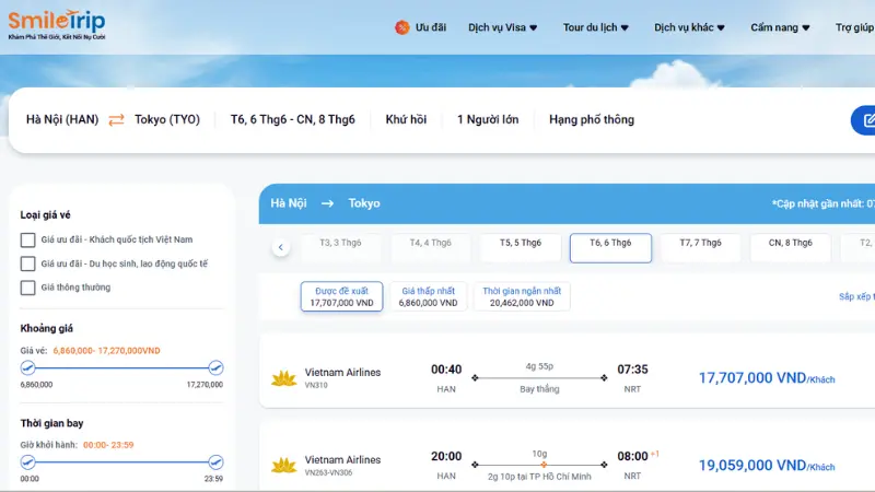 Sử dụng website của SmileTrip để so sánh mức giá vé máy bay đi Nhật